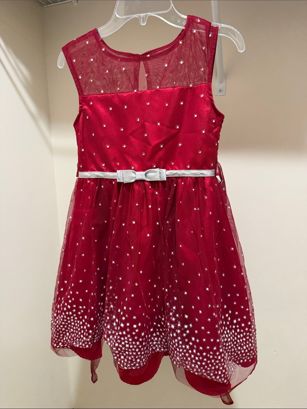 Jona Michelle Red Sparkle Tulle Dress with Silver Bow